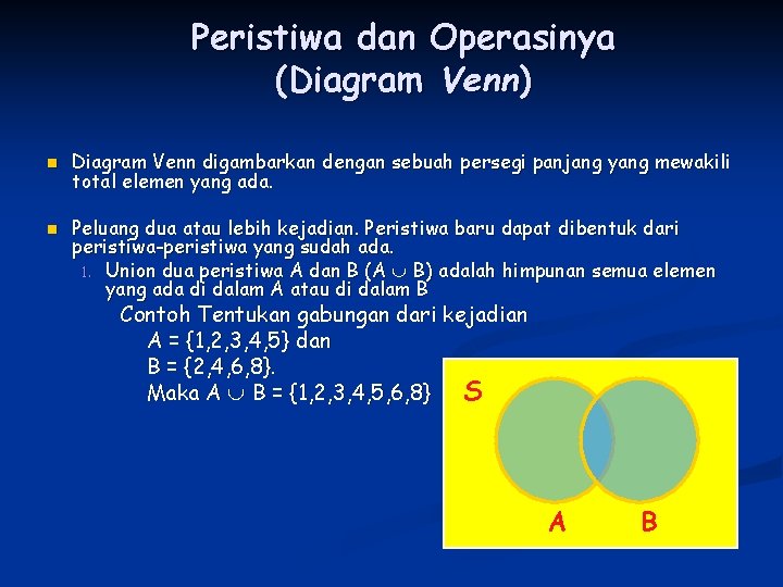 Peristiwa dan Operasinya (Diagram Venn) n n Diagram Venn digambarkan dengan sebuah persegi panjang