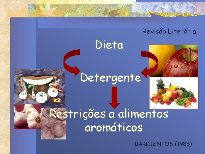 Revisão Literária Dieta Detergente Restrições a alimentos aromáticos BARRIENTOS (1986) Revisão Literária Dieta Detergente Restrições a alimentos aromáticos BARRIENTOS (1986)