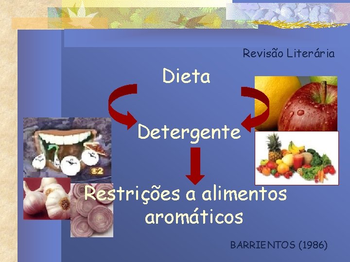 Revisão Literária Dieta Detergente Restrições a alimentos aromáticos BARRIENTOS (1986) 