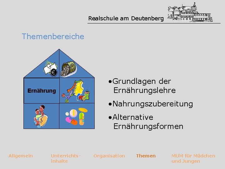 Realschule am Deutenberg Themenbereiche Ernährung • Grundlagen der Ernährungslehre • Nahrungszubereitung • Alternative Ernährungsformen