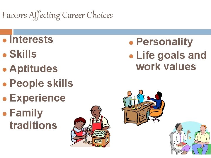 Factors Affecting Career Choices Interests l Skills l Aptitudes l People skills l Experience