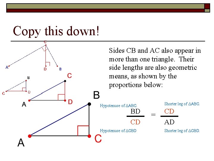 Copy this down! Sides CB and AC also appear in more than one triangle. Copy this down! Sides CB and AC also appear in more than one triangle.