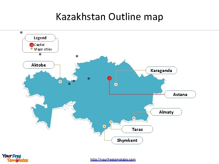 Kazakhstan Outline map Legend Capital Major cities Aktobe Karaganda Astana Almaty Taraz Shymkent http: