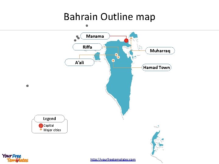 Bahrain Outline map Manama Riffa A'ali Muharraq Hamad Town Legend Capital Major cities http: