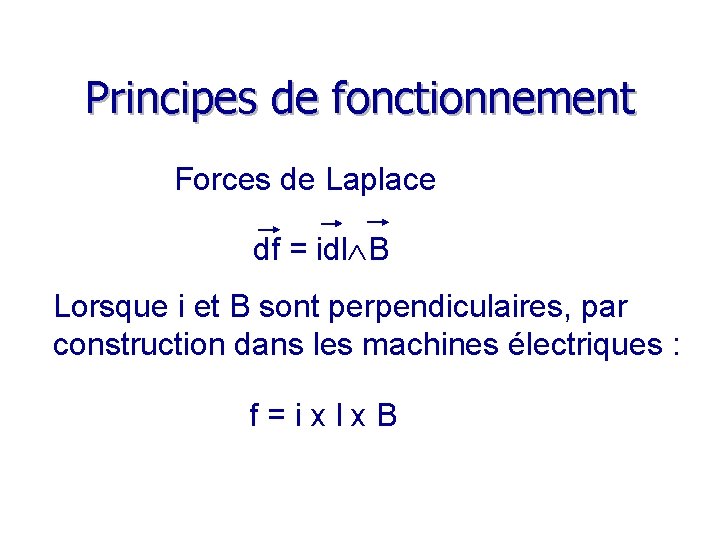 Principes de fonctionnement Forces de Laplace df = idl B Lorsque i et B