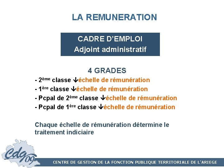 LA REMUNERATION CADRE D’EMPLOI Adjoint administratif 4 GRADES - 2ème classe échelle de rémunération LA REMUNERATION CADRE D’EMPLOI Adjoint administratif 4 GRADES - 2ème classe échelle de rémunération