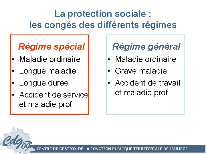 La protection sociale : les congés des différents régimes Régime spécial • • Maladie