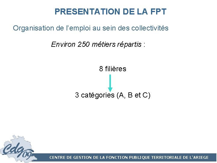 PRESENTATION DE LA FPT Organisation de l’emploi au sein des collectivités Environ 250 métiers PRESENTATION DE LA FPT Organisation de l’emploi au sein des collectivités Environ 250 métiers