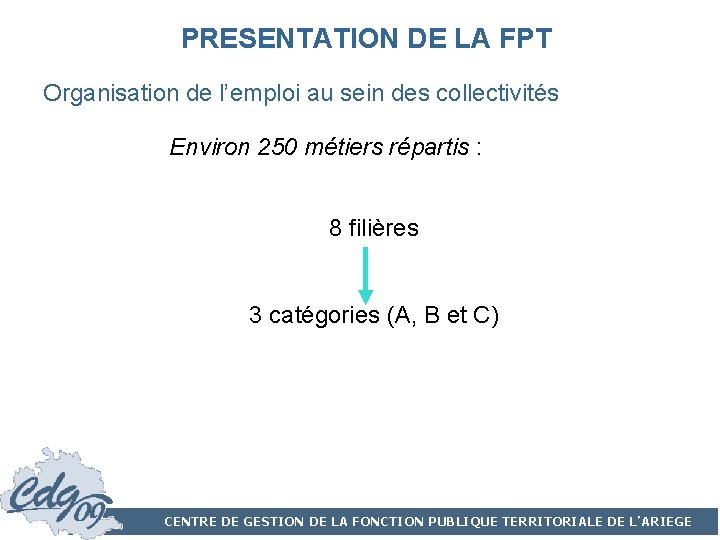 PRESENTATION DE LA FPT Organisation de l’emploi au sein des collectivités Environ 250 métiers