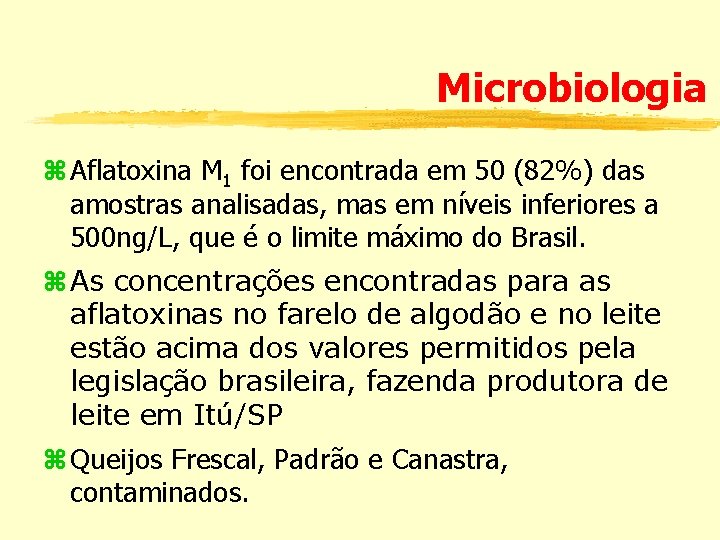 Microbiologia z Aflatoxina M 1 foi encontrada em 50 (82%) das amostras analisadas, mas