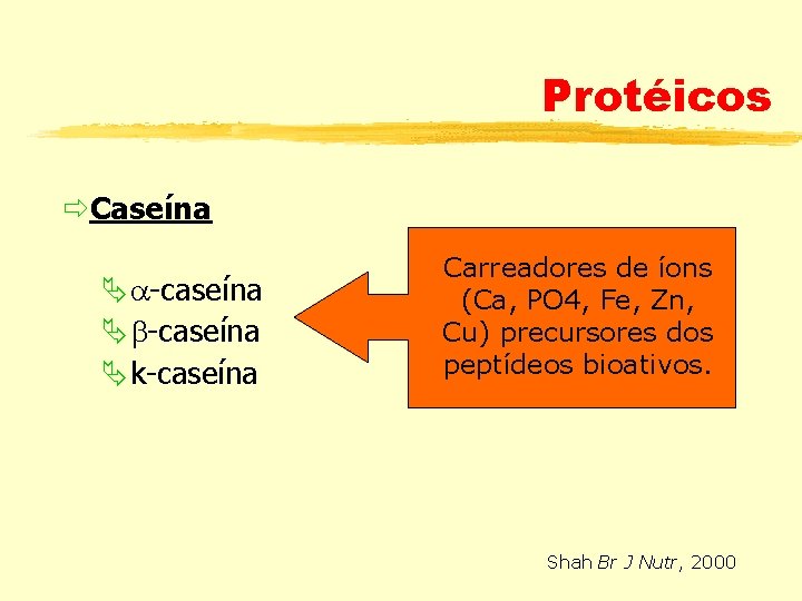 Protéicos ðCaseína Ä -caseína Äk-caseína Carreadores de íons (Ca, PO 4, Fe, Zn, Cu)