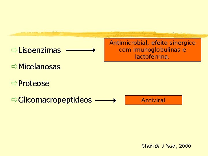 ðLisoenzimas Antimicrobial, efeito sinergico com imunoglobulinas e lactoferrina. ðMicelanosas ðProteose ðGlicomacropeptideos Antiviral Shah Br
