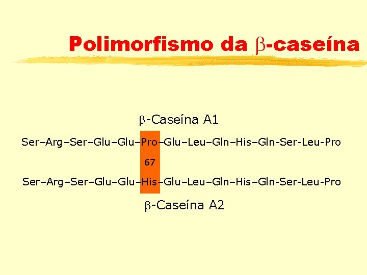 Polimorfismo da -caseína -Caseína A 1 Ser–Arg–Ser–Glu–Pro–Glu–Leu–Gln–His–Gln-Ser-Leu-Pro 67 Ser–Arg–Ser–Glu–His–Glu–Leu–Gln–His–Gln-Ser-Leu-Pro -Caseína A 2 