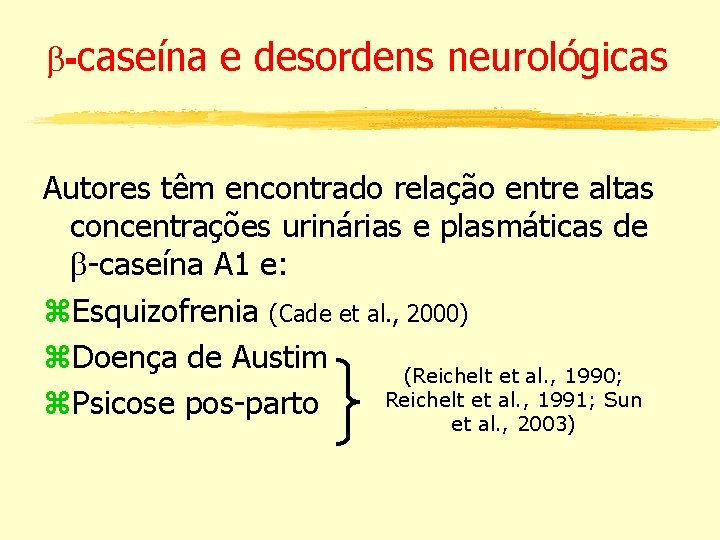  -caseína e desordens neurológicas Autores têm encontrado relação entre altas concentrações urinárias e