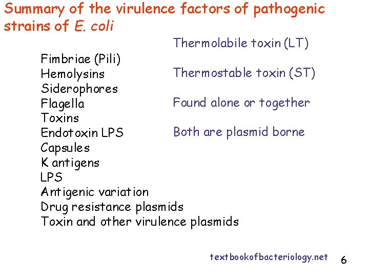 Summary of the virulence factors of pathogenic strains of E. coli Thermolabile toxin (LT)