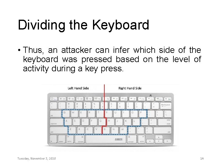 Dividing the Keyboard • Thus, an attacker can infer which side of the keyboard