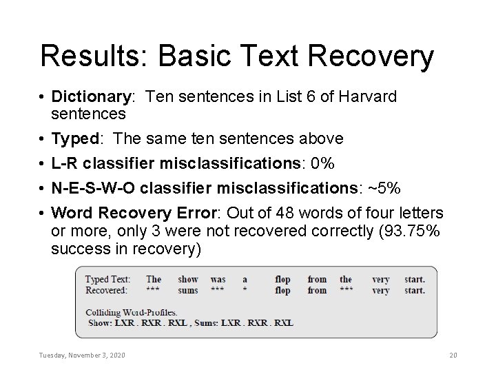 Results: Basic Text Recovery • Dictionary: Ten sentences in List 6 of Harvard sentences