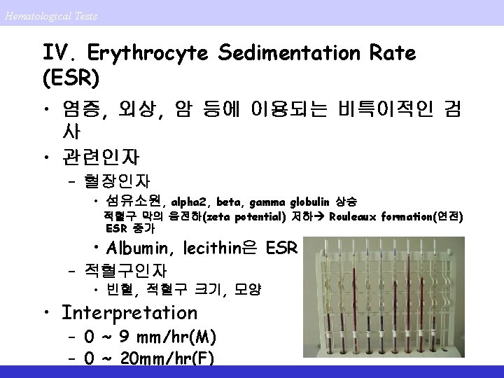 Hematological Tests IV. Erythrocyte Sedimentation Rate (ESR) • 염증, 외상, 암 등에 이용되는 비특이적인