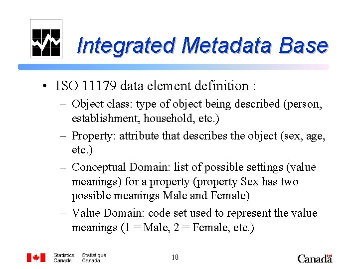 Integrated Metadata Base • ISO 11179 data element definition : – Object class: type