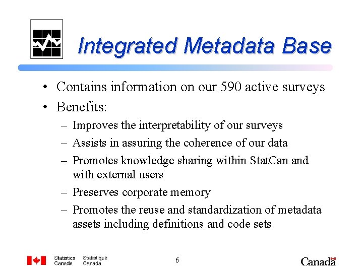 Integrated Metadata Base • Contains information on our 590 active surveys • Benefits: –