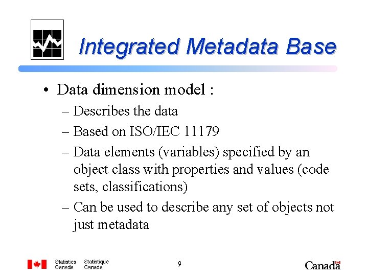 Integrated Metadata Base • Data dimension model : – Describes the data – Based