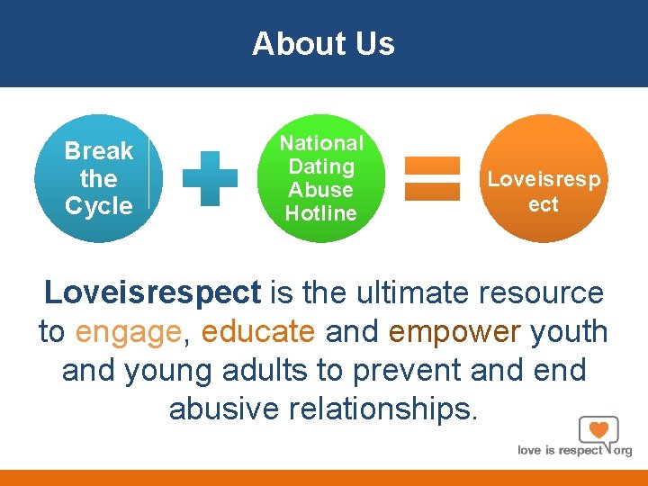 About Us Break the Cycle National Dating Abuse Hotline Loveisresp ect Loveisrespect is the