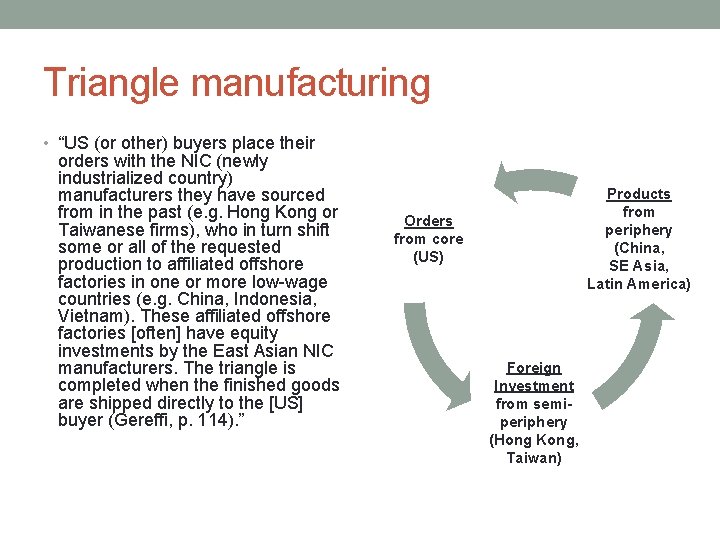 Triangle manufacturing • “US (or other) buyers place their orders with the NIC (newly