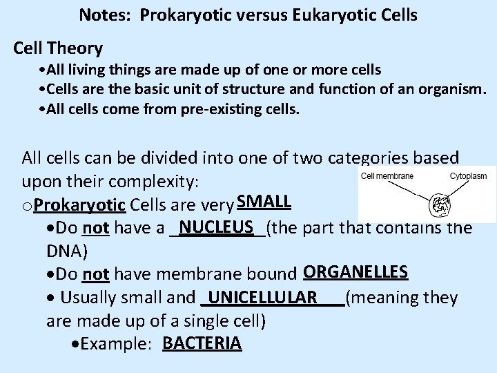 Notes: Prokaryotic versus Eukaryotic Cells Cell Theory • All living things are made up