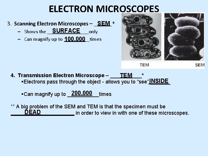 ELECTRON MICROSCOPES SEM 3. Scanning Electron Microscopes – _______* SURFACE – Shows the ________only