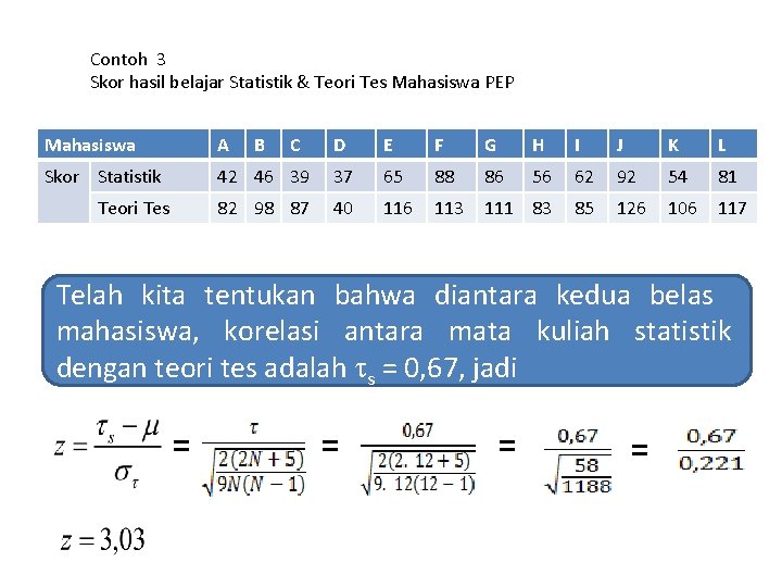 Contoh 3 Skor hasil belajar Statistik & Teori Tes Mahasiswa PEP Mahasiswa A Skor
