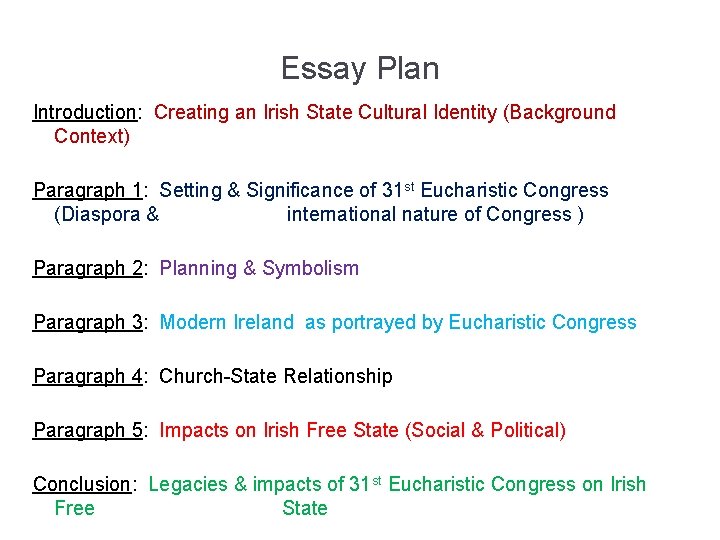 Essay Plan Introduction: Creating an Irish State Cultural Identity (Background Context) Paragraph 1: Setting