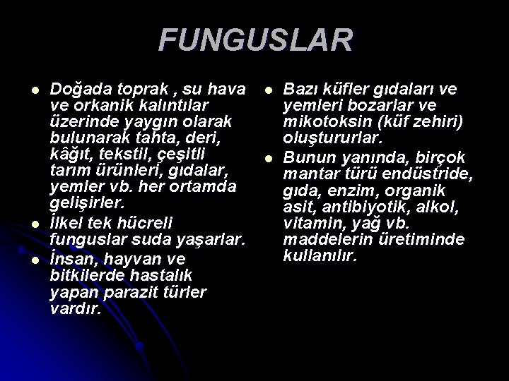 FUNGUSLAR l l l Doğada toprak , su hava ve orkanik kalıntılar üzerinde yaygın