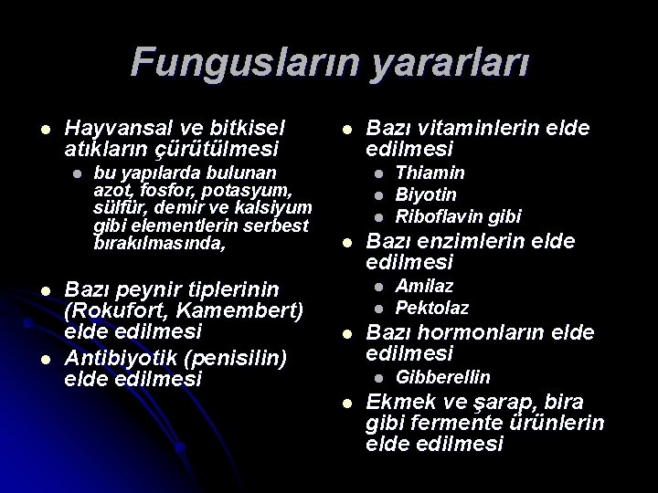 Fungusların yararları l Hayvansal ve bitkisel atıkların çürütülmesi l l l bu yapılarda bulunan