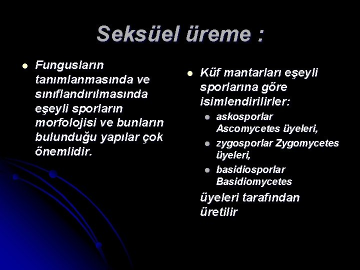 Seksüel üreme : l Fungusların tanımlanmasında ve sınıflandırılmasında eşeyli sporların morfolojisi ve bunların bulunduğu