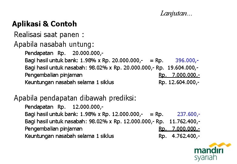 Lanjutan… Aplikasi & Contoh Realisasi saat panen : Apabila nasabah untung: Pendapatan Rp. 20.