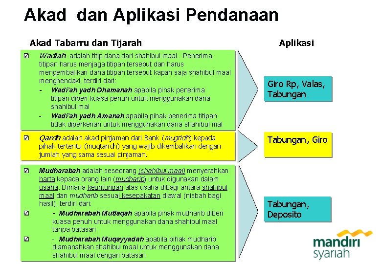 Akad dan Aplikasi Pendanaan Akad Tabarru dan Tijarah Aplikasi Wadiah adalah titip dana dari