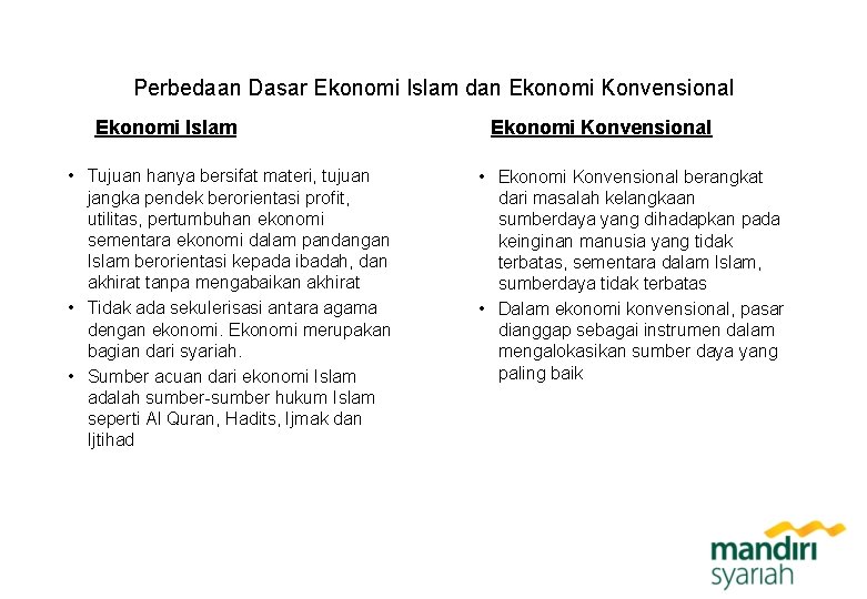 Perbedaan Dasar Ekonomi Islam dan Ekonomi Konvensional Ekonomi Islam • Tujuan hanya bersifat materi,