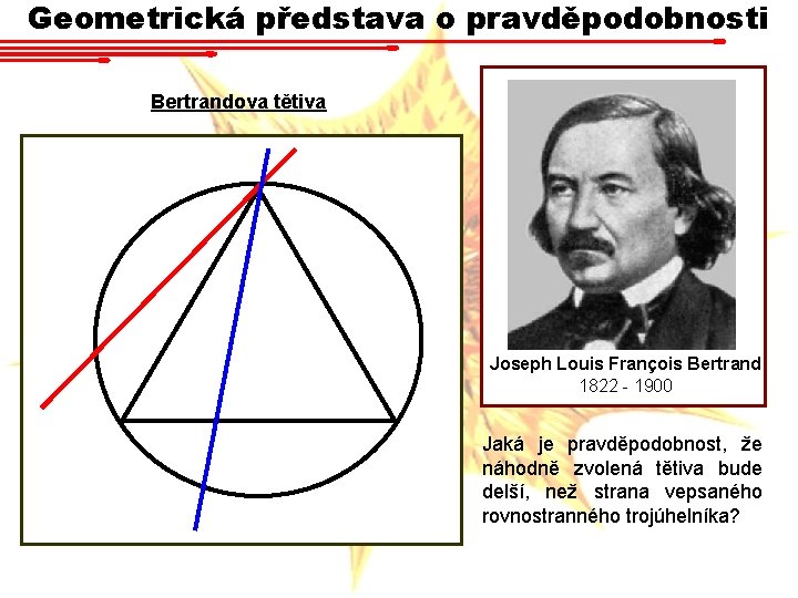 Geometrická představa o pravděpodobnosti Bertrandova tětiva Joseph Louis François Bertrand 1822 - 1900 Jaká Geometrická představa o pravděpodobnosti Bertrandova tětiva Joseph Louis François Bertrand 1822 - 1900 Jaká