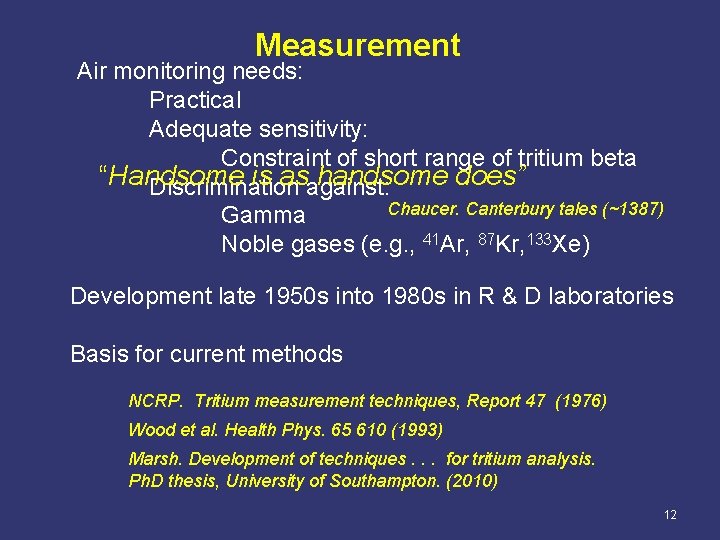 Measurement Air monitoring needs: Practical Adequate sensitivity: Constraint of short range of tritium beta