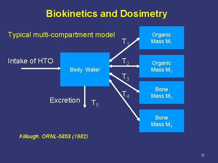 Biokinetics and Dosimetry Typical multi-compartment model Intake of HTO T 1 T 2 Body