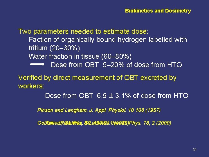 Biokinetics and Dosimetry Two parameters needed to estimate dose: Faction of organically bound hydrogen