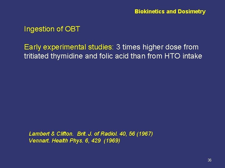 Biokinetics and Dosimetry Ingestion of OBT Early experimental studies: 3 times higher dose from
