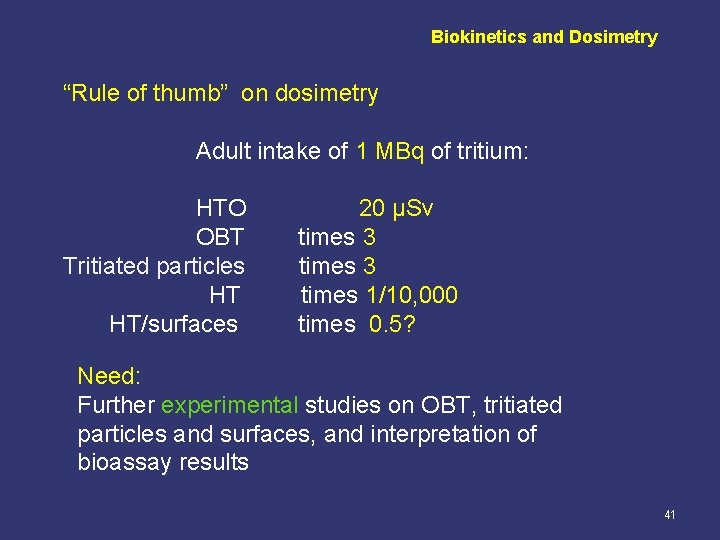 Biokinetics and Dosimetry “Rule of thumb” on dosimetry Adult intake of 1 MBq of