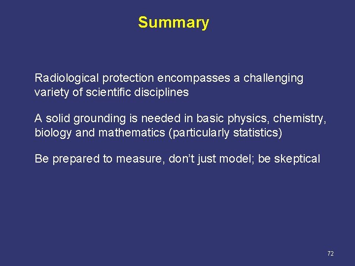 Summary Radiological protection encompasses a challenging variety of scientific disciplines A solid grounding is