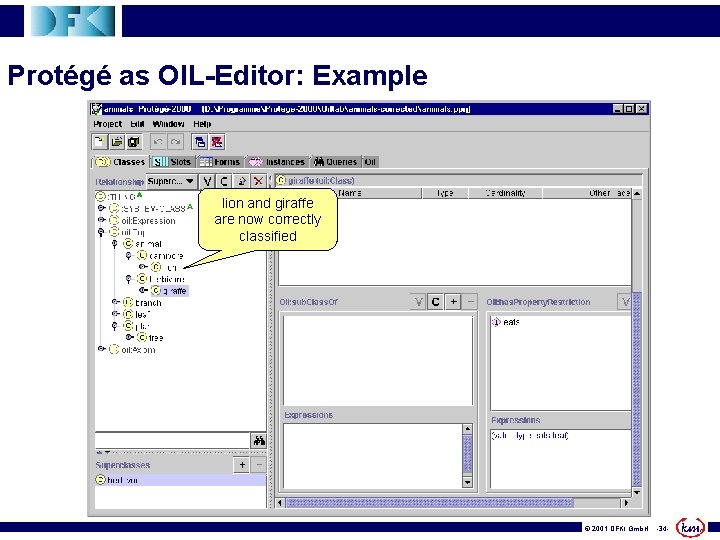 Protégé as OIL-Editor: Example lion and giraffe are now correctly classified © 2001 DFKI