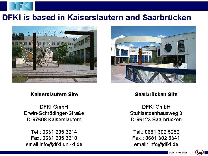 DFKI is based in Kaiserslautern and Saarbrücken Kaiserslautern Site Saarbrücken Site DFKI Gmb. H
