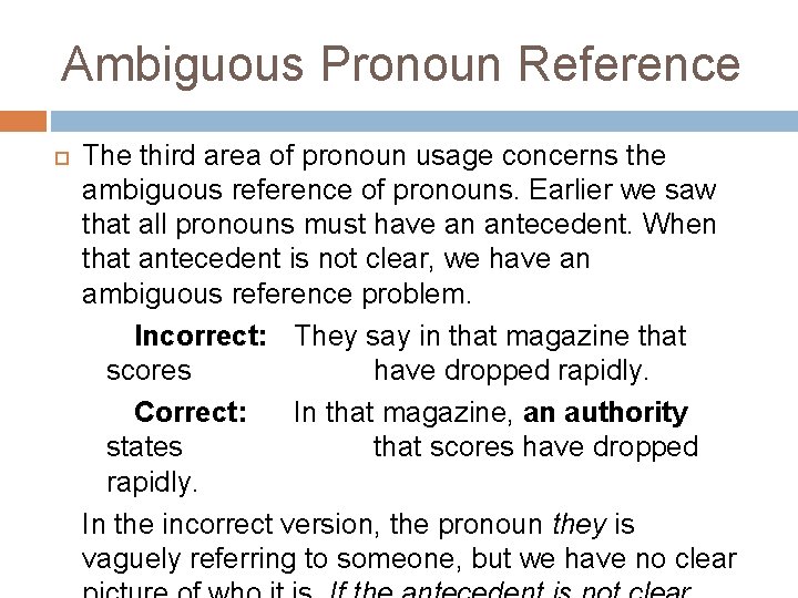 Ambiguous Pronoun Reference The third area of pronoun usage concerns the ambiguous reference of
