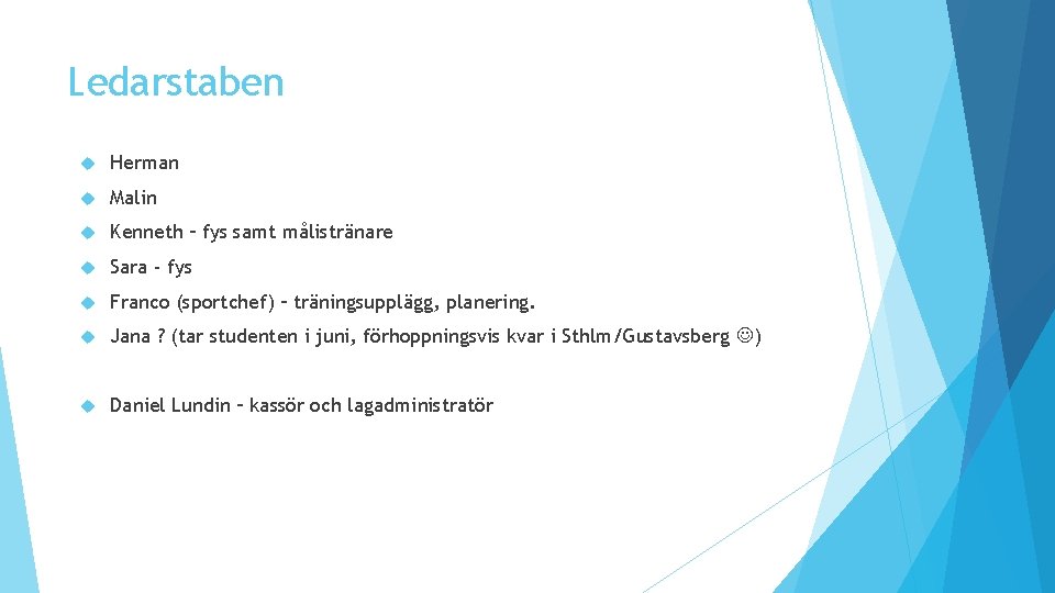 Ledarstaben Herman Malin Kenneth – fys samt målistränare Sara - fys Franco (sportchef) –