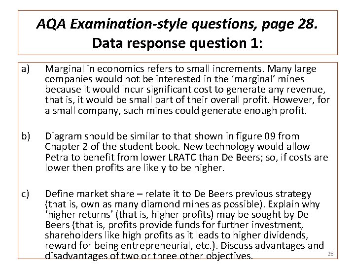 AQA Examination-style questions, page 28. Data response question 1: a) Marginal in economics refers