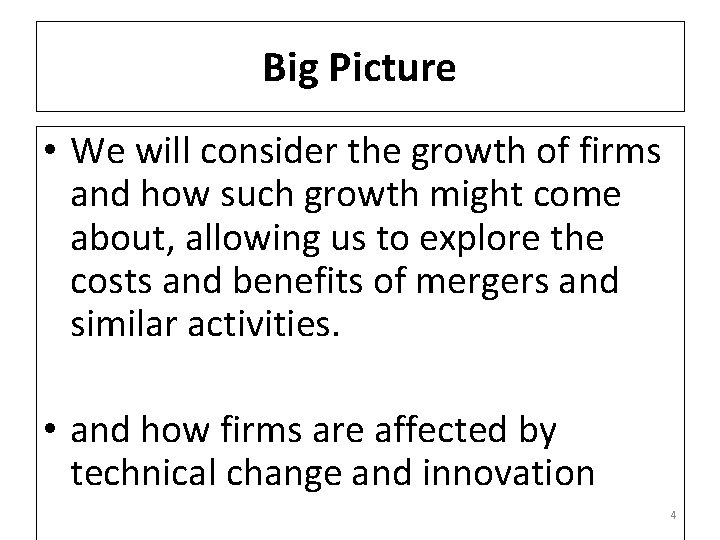 Big Picture • We will consider the growth of firms and how such growth